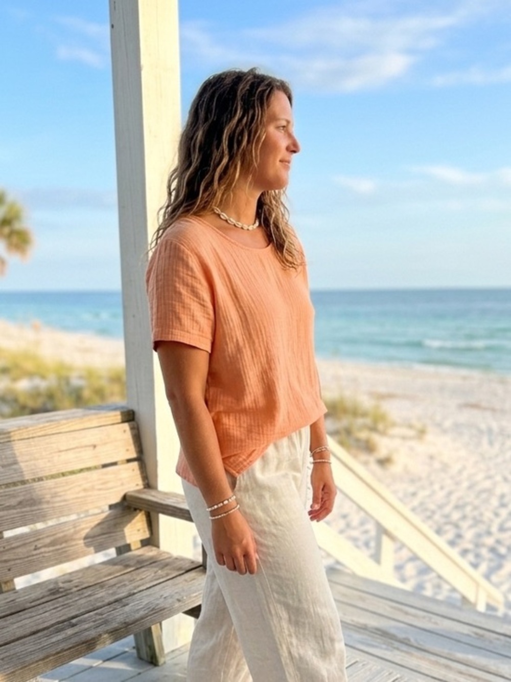 Winter Sun 100% Cotton Gauze Tee Peach 2X Coastal Minimalist Luxury Lagenlook